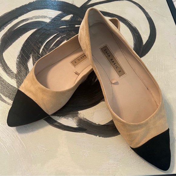 •ZARA• beige and black faux suede pointed cap toe SIZE 36• US 6 - Picture 6 of 13